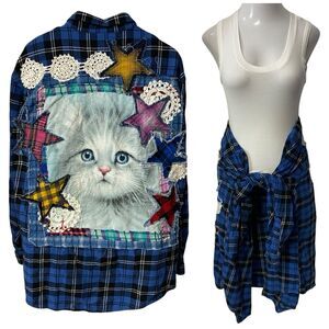 Upcycled Flannel Shirt Shacket Womens 3X Cat Blue Grunge Patchwork Folk Art